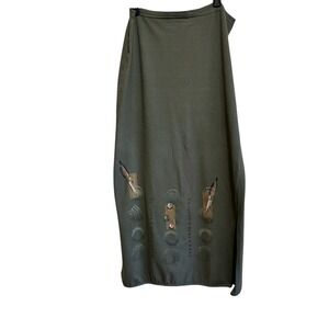 Vintage Blue Fish Art to Wear Hand Painted "Pens" Skirt Olive Green Cotton USA M